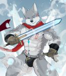  2019 5_fingers abs anthro biceps black_nose canid canine canis chang52084 clothed clothing digital_media_(artwork) fur gloves hi_res male mammal melee_weapon muscular muscular_male nipples pecs scarf sword tattoo weapon wolf 