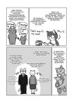  2015 ambiguous_gender anthro book clothed clothing comic domestic_cat duo english_text felid feline felis female front_view fully_clothed greyscale male mammal maririn monochrome simple_background solo standing text white_background 