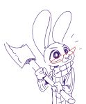  2018 :3 ambiguous_gender anthro axe clothed clothing disney eyewear fuel_(artist) glasses holding_object holding_weapon lagomorph leporid mammal melee_weapon rabbit simple_background smile solo violet_hopps_(zootopia) weapon white_background zootopia 