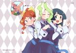  3girls :d aqua_eyes barbara_parker black_hair bow brown_eyes brown_hair checkered checkered_background collared_shirt cowboy_shot diana_cavendish eyes_closed hair_bow hands_on_shoulders hanna_england hys-d kagari_atsuko light_green_hair little_witch_academia long_hair long_sleeves multicolored_hair multiple_girls open_mouth ponytail shirt smile thought_bubble two-tone_hair white_shirt yellow_bow 
