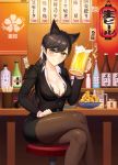  1girl 4coke alcohol alternate_costume animal_ears atago_(azur_lane) azur_lane beer beer_mug black_bra black_hair black_jacket black_legwear black_skirt blush bottle bra breasts brown_eyes cleavage collared_shirt cup extra_ears eyebrows_visible_through_hair hair_ribbon highres holding holding_cup izakaya jacket lace lace-trimmed_bra lantern large_breasts legs_crossed long_hair looking_at_viewer mole mole_under_eye office_lady pantyhose ribbon sake_bottle shirt sitting skirt smile solo underwear white_ribbon white_shirt 