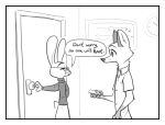  2018 ambiguous_gender anthro border canid canine cheek_tuft clock clothed clothing dialogue disney door duo elbow_tufts english_text eyes_closed eyewear fox fuel_(artist) glasses gloves_(marking) greyscale holding_object inside lagomorph leporid mammal markings monochrome neck_tuft nick_wilde open_mouth open_smile rabbit smile speech_bubble text tuft violet_hopps_(zootopia) white_border zootopia 