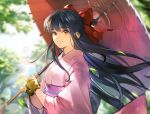  1girl bangs black_hair blurry blurry_background bomssp bow eyebrows_visible_through_hair hair_bow holding holding_umbrella japanese_clothes kimono long_hair long_sleeves obi orange_eyes oriental_umbrella over_shoulder pink_kimono red_bow red_umbrella sakura_taisen sash shinguuji_sakura smile solo_focus straight_hair tree umbrella upper_body very_long_hair wide_sleeves 