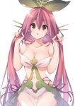  1girl :o bangs bare_arms bare_shoulders blush breasts brown_eyes bunching_hair cleavage collarbone cowboy_shot granblue_fantasy hair_between_eyes hands_up large_breasts leaf long_hair looking_at_viewer mizuno_(suisuiw) navel open_mouth plant_girl purple_hair revealing_clothes simple_background solo standing twintails very_long_hair white_background yggdrasil_(granblue_fantasy) 