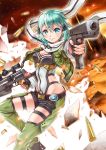  1girl absurdres aqua_hair bare_hips black_shorts blue_eyes breasts bullet cleavage dual_wielding garter_straps green_jacket green_legwear gun hair_between_eyes hair_ornament hairclip highres holding holding_gun holding_weapon jacket leotard long_sleeves looking_at_viewer medium_breasts open_clothes open_jacket rifle scarf sho_(sumika) short_hair short_shorts shorts sinon smile solo sword_art_online thighhighs weapon white_scarf 