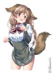  1girl animal_ears blush bow bowtie braid breasts brown_hair cloud_hair_ornament dog_ears dog_tail ebifurya eyebrows_visible_through_hair gradient_hair highres kantai_collection light_brown_hair long_hair medium_breasts minegumo_(kantai_collection) multicolored_hair open_mouth paw_pose plaid_neckwear pleated_skirt red_eyes red_neckwear school_uniform shirt short_sleeves skirt solo suspenders tail tears twin_braids white_shirt 
