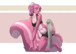  anthro breasts clothed clothing eamart female fluffy fluffy_tail fur hair looking_at_viewer mammal navel rodent sciurid simple_background solo 