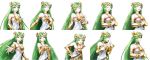  1girl arm_out bending_forward clasped_hands dress expressions eyes_closed female finger_on_cheek goddess green_hair hand_on_own_chest highres kid_icarus kid_icarus_uprising long_hair necklace nintendo official_art palutena shocked smile super_smash_bros. thinking video_games white_dress 