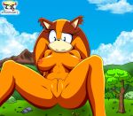  badger blue_eyes blue_sky breasts clitoris cloud detailed_background eyelashes female frustrated fur grass macro mammal mountain mustelid musteline nipples orange_fur outside pussy rock sitting sky sonic_(series) sonic_boom spread_legs spreading sticks_the_jungle_badger the_knight tree 