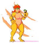  2018 alternate_species anthro big_breasts breasts claws collar crown duo facial_hair featureless_breasts featureless_crotch female hair human koopa koopacap luigi male mammal mario_bros mustache navel nintendo nude princess_daisy red_hair scalie simple_background size_difference spiked_collar spikes standing thick_thighs video_games wide_hips 