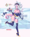  android_21 apron blue_eyes boots bow breasts dragon_ball dragon_ball_fighterz elbow_gloves food gloves high_heel_boots high_heels ice_cream leotard maid maid_headdress majin_android_21 pink_skin ribbon supersatanson sweets tail thigh_boots thighhighs white_hair 