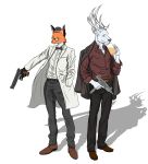  2019 alcohol amber ambiguous_gender anthro antlers back_to_back beer beverage blek_catanggo(artist) blue_eyes bow_tie bowler_hat buck canid canine cervid classy clothed clothing coat digital_media_(artwork) dis dis_the_fox duo eyewear female floof footwear formal formal_wear fox fully_clothed fur glasses gun hat hi_res horn humanoid lab_coat mafia male male/female mammal pants predator/prey predator_(disambiguation) ranged_weapon shoes sil simple_background smile standing suit weapon 