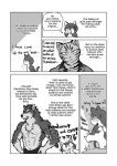  &lt;3 2015 ambiguous_gender anthro canid clothed clothing comic domestic_cat english_text felid feline felis front_view male mammal maririn muscular muscular_male simple_background sweat text thought_bubble topless white_background 