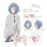  1girl ahoge bandaid bandaid_on_arm bandaid_on_face bandaid_on_hand bandaid_on_knee bandaid_on_leg bandaid_on_nose blue_hair blue_nails collared_shirt commentary_request grey_eyes highres light_oooo looking_away messy_hair multiple_views nail_polish necktie original pleated_skirt shindan_maker shirt short_hair sitting skirt sleeves_pushed_up solo sweater too_many too_many_bandaids translation_request 