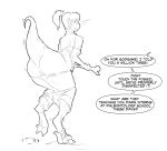  2019 anthro anus bone breasts butt clothing dialogue dinosaur female koopacap monochrome on_one_leg ponytail pussy reptile scalie simple_background solo standing surprise tail_growth theropod thick_thighs torn_clothing transformation tyrannosaurid tyrannosaurus tyrannosaurus_rex underwear unseen_character white_background wide_hips 