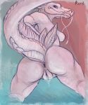  abstract_background anthro anus butt dragon female looking_back nude presenting presenting_anus presenting_hindquarters presenting_pussy pur3 pussy pussy_juice scalie shirakami solo 