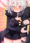  1girl @_@ arm_hug bangs beni_shake black_dress black_jacket blush breasts brown_eyes commentary_request cowboy_shot dress eyebrows_visible_through_hair fate/grand_order fate_(series) fingernails fujimaru_ritsuka_(male) fur-trimmed_jacket fur-trimmed_sleeves fur_trim hair_between_eyes jacket jeanne_d&#039;arc_(alter)_(fate) jeanne_d&#039;arc_(fate)_(all) long_sleeves nose_blush open_clothes open_jacket polar_chaldea_uniform silver_hair small_breasts solo_focus steam sunburst_background translation_request trembling uniform wicked_dragon_witch_ver._shinjuku_1999 