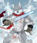  2019 5_fingers abs anthro biceps black_nose canid canine canis chang52084 clothed clothing digital_media_(artwork) fur gloves hi_res humanoid_penis male mammal melee_weapon muscular muscular_male nipples pecs penis scarf sword tattoo weapon wolf 