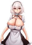  1girl apron azur_lane bangs breasts choker cleavage collarbone dress eyebrows_visible_through_hair fingernails hair_between_eyes hairband halterneck highres huge_breasts lace-trimmed_hairband lace_trim looking_at_viewer mistynight puffy_short_sleeves puffy_sleeves red_eyes short_hair short_sleeves simple_background sirius_(azur_lane) solo waist_apron white_apron white_background white_hair 