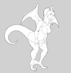  2019 anthro breasts charizard claws clothing female hair horn koopacap monochrome nintendo nipples open_mouth pok&eacute;mon pok&eacute;mon_(species) ponytail shirt simple_background solo standing tongue tongue_out transformation underwear undressing video_games wings 