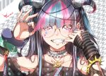  1girl asymmetrical_sleeves black_hair black_shirt blue_hair bracelet choker collar danganronpa detached_sleeves fishnet_sleeves glasses highres horns jewelry long_hair looking_at_viewer mioda_69ch mioda_ibuki multicolored_hair nail_polish necklace pink_eyes pink_hair portrait print_shirt purple_nails rimless_eyewear round_eyewear shiny shiny_hair shirt short_sleeves silver_hair solo star star_print super_danganronpa_2 torn_clothes torn_shirt torn_sleeves zipper 