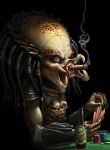  2018 ace_of_hearts alcohol alien beer beverage black_background card cheating cigar detailed digital_media_(artwork) digital_painting_(artwork) dreadlocks graphite_(artwork) loopydave mixed_media mr._potato_head not_furry pencil_(artwork) playing_card poker poker_chip poker_table predator_(franchise) red_eyes simple_background smoking solo soylent_green teeth traditional_media_(artwork) yautja 