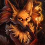  2019 amber_eyes ambiguous_gender anthro canid canine delphox fur inner_ear_fluff kenket mammal nintendo pok&eacute;mon pok&eacute;mon_(species) red_fur smile solo torch video_games yellow_fur 