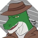  alligator bunnyfeet bust_portrait cregon crocodile crocodilian fedora hat headshot looking_at_viewer open_maw portrait reptile scalie simple_background topcoat 