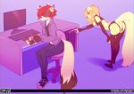  anthro bulge canid canine clothed clothing computer crossdressing duo girly male mammal rubber sitting smile standing tsudamaku underwear vr_(disambiguation) 
