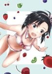  1girl :d barefoot bikini black_eyes black_hair bow breasts collarbone detached_collar eyebrows_visible_through_hair hair_between_eyes hair_bow hairband highres idolmaster idolmaster_(classic) kikuchi_makoto leg_up mogskg navel open_mouth outstretched_arms red_bow shiny shiny_hair short_hair small_breasts smile solo striped striped_bow swimsuit white_bikini wing_collar wrist_cuffs 