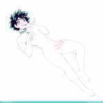  1boy abs bell bell_collar boku_no_hero_academia collar feet flaccid freckles green_eyes green_hair highres looking_at_viewer lying male_focus medium_penis midoriya_izuku muscle nedoiko nervous nipples nude open_mouth paw_pose penis smile testicles thighs uncensored white_background 