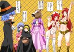  6+girls :d alternate_costume animal_print arm_up armpits bandeau bangs bare_arms bare_shoulders basket bikini black_bow black_cloak black_headwear blonde_hair blouse blue_bow blue_eyes blue_hair bow braid breasts center_frills cleavage clenched_hand cloak collarbone commentary_request cowboy_shot cravat demon_wings detached_sleeves dress eyebrows_visible_through_hair facial_mark fake_horns feet_out_of_frame flandre_scarlet from_side green_bow groin hair_bow halloween hand_up hands_on_another&#039;s_shoulders hat head_wings high_collar holding holding_basket hong_meiling horse_mask izayoi_sakuya kneehighs koakuma large_breasts leotard long_hair long_sleeves looking_at_another looking_at_viewer multiple_girls navel neck_ribbon nurse_cap one_eye_closed oni_horns open_mouth outline patchouli_knowledge plaid plaid_background profile purple_capelet purple_dress purple_footwear purple_hair red_blouse red_bow red_cross red_eyes red_hair remilia_scarlet ribbon shiraue_yuu shoes sideboob sidelocks silver_hair smile speech_bubble squatting standing stomach sweat swimsuit thighhighs thighs tiger_print touhou translation_request twin_braids very_long_hair white_legwear white_leotard white_neckwear white_outline white_ribbon wide_sleeves wings witch_hat yellow_background yellow_bikini yellow_legwear 
