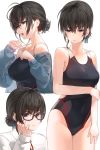  1girl :o ahoge bangs bare_shoulders black-framed_eyewear black_hair black_ribbon black_swimsuit blue_jacket blush breasts closed_mouth collarbone collared_shirt commentary_request competition_swimsuit covered_navel cowboy_shot expressionless eyebrows_visible_through_hair glasses hair_bun hair_ribbon hand_on_own_cheek highres jacket kfr long_sleeves looking_at_viewer looking_away looking_down medium_breasts multiple_views off_shoulder one-piece_swimsuit open_clothes open_jacket open_mouth original purple_eyes ribbon shirt simple_background skin_tight sleeves_past_wrists swimsuit water white_background white_shirt 