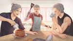  3boys anger_vein apron artist_name breakfast commentary cup curtains dante_(devil_may_cry) devil_may_cry devil_may_cry_5 drinking facial_hair father_and_son food fruit highres honey mug multiple_boys nero_(devil_may_cry) newspaper nikkipettt orange pancake prosthesis prosthetic_arm short_ponytail siblings spatula stubble vergil watermark 