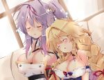 2girls ahoge azur_lane blonde_hair blush braid breasts cleavage collarbone commentary_request couch cross cross_necklace earrings eyes_closed grenville_(azur_lane) hair_ornament highres jewelry large_breasts le_temeraire_(azur_lane) long_hair multiple_girls necklace open_mouth purple_hair ribbon side_ponytail sleeping tonchinkan twin_braids window 