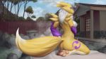  anthro armwear breasts butt canid canine clothing cloud detailed_background digimon digimon_(species) digital_media_(artwork) elbow_gloves female fur gloves hot_spring jonas-pride looking_back mammal mostly_nude nipples renamon tree water 