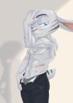  2019 akiric anthro blue_eyes chest_tuft clothed clothing disney erection facial_markings fur_markings half-closed_eyes hand_on_head jack_savage lagomorph leporid male mammal markings muscular muscular_male open_pants rabbit scar simple_background solo standing tenting topless tuft underwear zootopia 