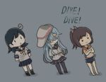  3girls ahoge arms_behind_back black_hair blue_eyes blue_hair blush_stickers brown_hair chibi comic commentary_request crossed_arms english_text flat_cap grey_background hair_between_eyes hair_ornament hair_over_one_eye hat hibiki_(kantai_collection) i-401_(kantai_collection) kantai_collection long_hair long_sleeves multiple_girls otoufu pleated_skirt ponytail remodel_(kantai_collection) school_swimsuit school_uniform serafuku shirt short_sleeves skirt sleeveless sleeveless_shirt swimsuit swimsuit_under_clothes thighhighs translation_request ushio_(kantai_collection) verniy_(kantai_collection) 