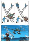  1girl 6+boys aircraft airplane brown_hair comic commentary_request e16a_zuiun highres hyuuga_(kantai_collection) kantai_collection meme minecart multiple_boys railroad_tracks seaplane short_hair smile speed_lines thumbs_up trolley_problem tsukemon undershirt white_headband 