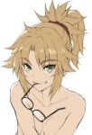  1girl bangs blonde_hair breasts collarbone commentary_request eyebrows_visible_through_hair eyewear_in_mouth fate/grand_order fate_(series) glasses green_eyes highres long_hair looking_at_viewer mordred_(fate)_(all) mouth_hold nude red_scrunchie scrunchie simple_background small_breasts smile solo tonee white_background 