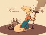  2019 ambiguous_gender anthro arctic_fox barefoot brown_background canid canine cheek_tuft clothed clothing colored dirty disney english_text fox fuel_(artist) head_tuft hi_res holding_object mammal monochrome neck_tuft overalls simple_background skye_(zootopia) smoke solo standing text tools tuft vacuum_cleaner wrench zootopia 