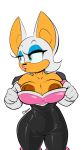  2018 anthro breasts chiropteran clothing digital_media_(artwork) female flashing fur gloves green_eyes lipstick looking_aside makeup mammal nipples pose presenting presenting_breasts rouge_the_bat simple_background slypon sonic_(series) tan_skin tight_clothing undressing white_background white_fur 