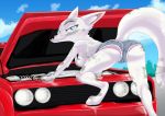  2019 akiric anthro arctic_fox big_breasts blue_eyes blue_sky breasts butt canid canine car clothed clothing cloud denim_shorts dirty disney female fox hanging_breasts looking_at_viewer looking_back mammal nipples one_breast_out outside panties rear_view shirt shorts sky skye_(zootopia) smile solo tank_top underwear vehicle wardrobe_malfunction zootopia 