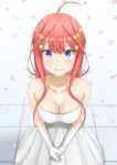  bare_shoulders blue_eyes blush breasts cherry_blossoms cleavage collarbone dress elbow_gloves gloves go-toubun_no_hanayome hair_ornament highres long_hair looking_at_viewer nakano_itsuki orange_hair petals plu_xx star star_hair_ornament wedding_dress 