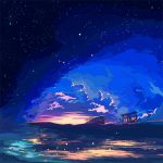  1girl beach berryverrine bicycle bus bus_stop cloud commentary_request ground_vehicle highres landscape ligne_claire motor_vehicle night night_sky original scenery sky star_(sky) starry_sky sunset telescope very_wide_shot water 