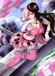  1girl absurdres animal_ears black_hair boots breasts cat_ears cleavage dress elbow_gloves gloves hat high_heel_boots high_heels highres long_hair multicolored_hair neo_(rwby) pink_hair rwby solo tail thighhighs vilde_loh_hocen white_boots 
