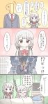  1boy 2girls 4koma bed blush bow bowtie bubble_background chibi comic commentary_request crying crying_with_eyes_open dying formal heart_attack highres hisakawa_hayate hisakawa_nagi hospital_bed idolmaster idolmaster_cinderella_girls idolmaster_cinderella_girls_starlight_stage long_hair low_twintails multiple_girls p-head_producer pale_color pink_background ribbon school_uniform silver_hair suit tears translation_request twintails yellow_background 