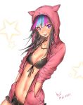  1girl alternate_costume artist_name bikini bikini_skirt black_bikini black_bikini_bottom black_bikini_top black_hair blue_hair breasts cleavage commentary_request danganronpa dated eyebrows_visible_through_hair hands_in_pockets highres hood hood_up hoodie jewelry long_hair looking_at_viewer mioda_69ch mioda_ibuki multicolored_hair navel necklace open_clothes open_hoodie piercing pink_eyes pink_hair red_hoodie simple_background sleeves_rolled_up small_breasts solo star super_danganronpa_2 swimsuit tongue tongue_out 
