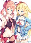  2girls :q bare_shoulders between_breasts black_choker blonde_hair blue_eyes blue_shirt blush bow breasts brown_shirt brown_wings choker closed_mouth collared_shirt commentary_request crop_top cross_choker demon_girl demon_tail demon_wings detached_sleeves garter_straps groin hair_bow hair_flaps hairband hand_on_hip head_tilt head_wings heart_cutout highres long_hair long_sleeves low_twintails lucia_primrose medium_breasts mini_wings multiple_girls navel necktie necktie_between_breasts open_mouth original pink_neckwear pleated_skirt raphilia_meredith red_bow red_eyes red_hairband red_sleeves shirt short_twintails signature simple_background skindentation skirt sleeveless sleeveless_shirt sleeves_past_fingers sleeves_past_wrists small_breasts smile striped striped_legwear sweat tail tail_raised thighhighs tongue tongue_out twintails unacchi_(nyusankin) v-shaped_eyebrows very_long_hair white_background white_legwear white_skirt white_wings wings 