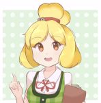  1girl artist_name bangs bell blonde_hair blush border brown_eyes chestnut_mouth chocomiru clipboard doubutsu_no_mori eyebrows_visible_through_hair female green_background green_vest hair_bell hair_ornament hair_tie hands_up happy holding jingle_bell light_blush looking_at_viewer neck_ribbon nintendo open_mouth personification plaid plaid_vest pointing pointing_up polka_dot polka_dot_background red_neckwear red_ribbon ribbon shiny shiny_hair shirt shizue_(doubutsu_no_mori) short_hair short_sleeves signature simple_background smile solo teeth tied_hair topknot upper_body vest white_border white_shirt 